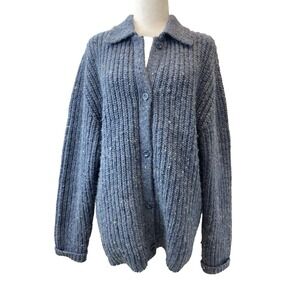 Eddie Bauer Sweater Mens Large Blue Wool Blend Button Front Collared Chunky Knit